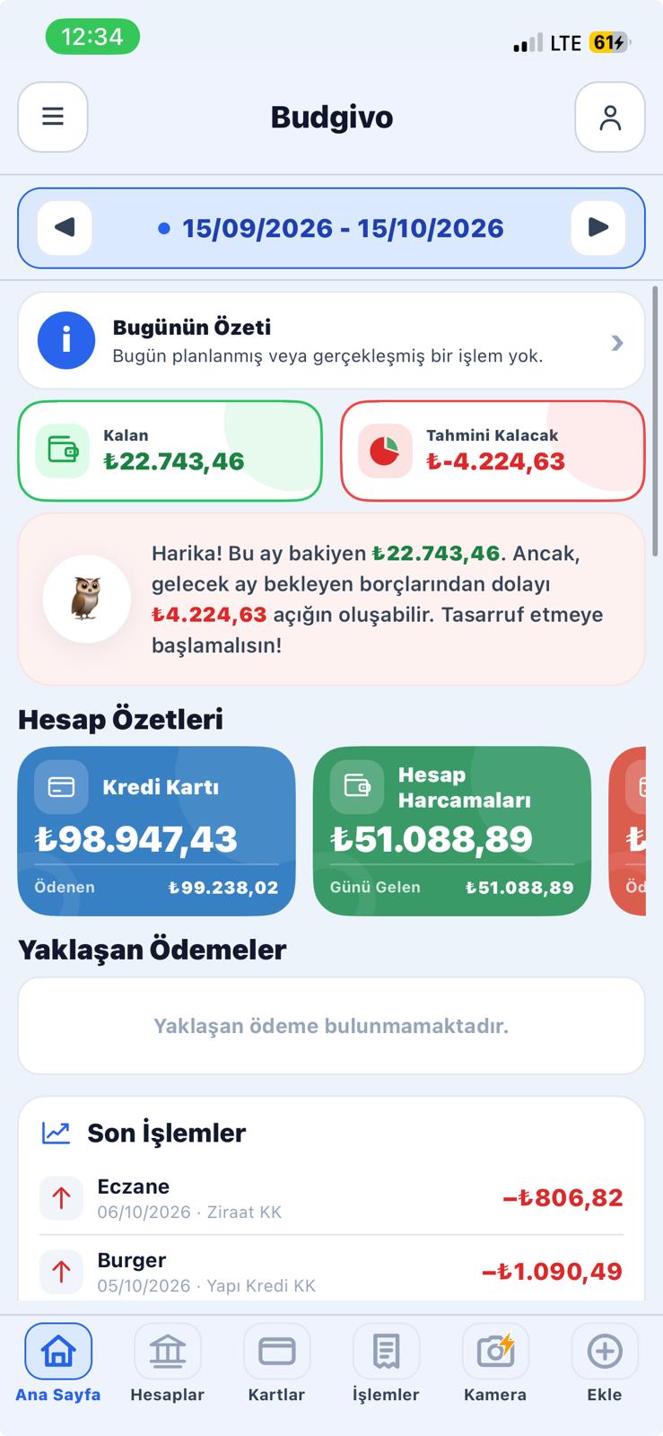 Budgivo ana sayfa ve hesap özetleri